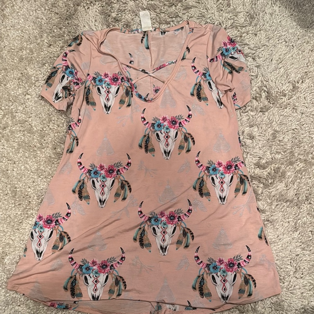 Pink Graphic T-Shirt with Floral Bull Design